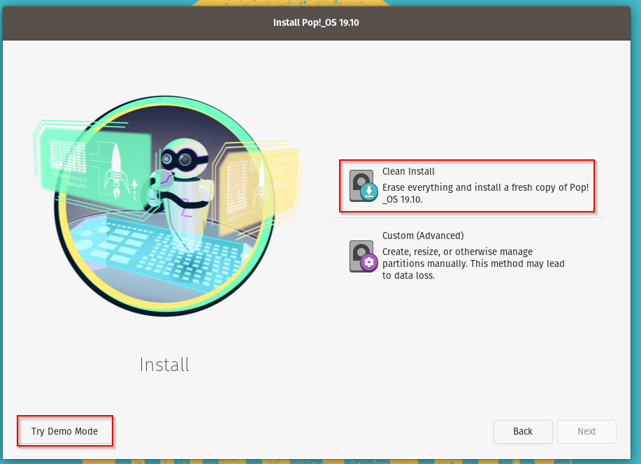 choosing a clean install for Pop!_OS