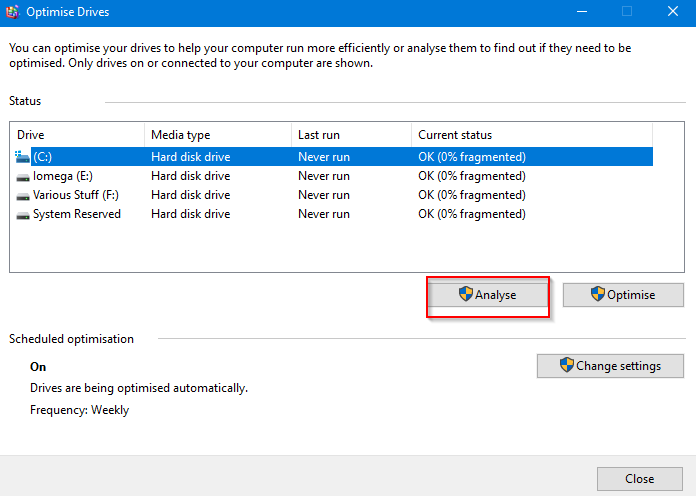 list of drives and partitions that can be optimised in Windows 10