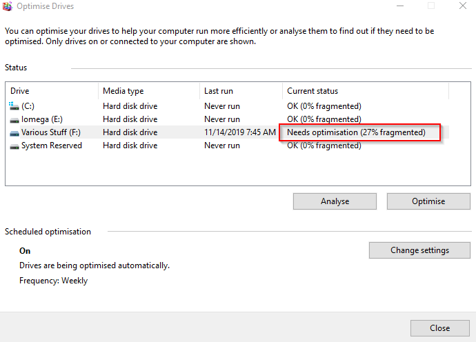 analysing drives for optimsation in Windows 10