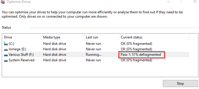 defragmenting drives and optimising them in Windows 10