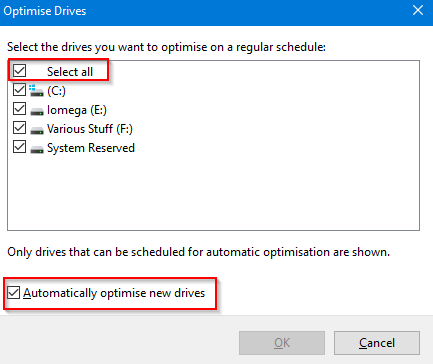 excluding specific drives and partitions from being auto optimised in Windows 10