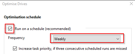 change frequency for optimising drives in Windows 10 and managing task priority for it