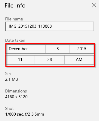 choosing a different date and time for the photo in Windows 10 Photos app