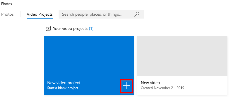 creating a blank video project from a group of photos and videos in Windows 10 Photos app