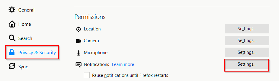 configuring notifications settings in Firefox