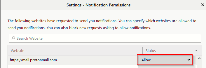 allowing or blocking per website web push notifications in Firefox