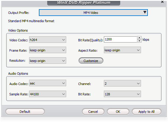 editing the output profile before ripping DVDs in WinX DVD Ripper Platinum