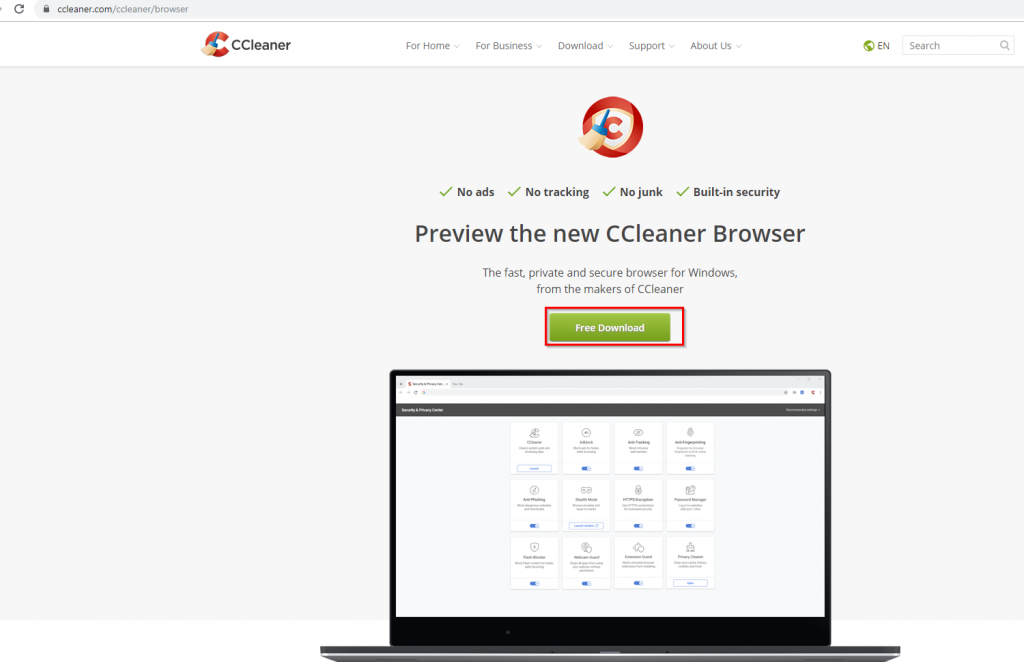 CCleaner Browser homepage