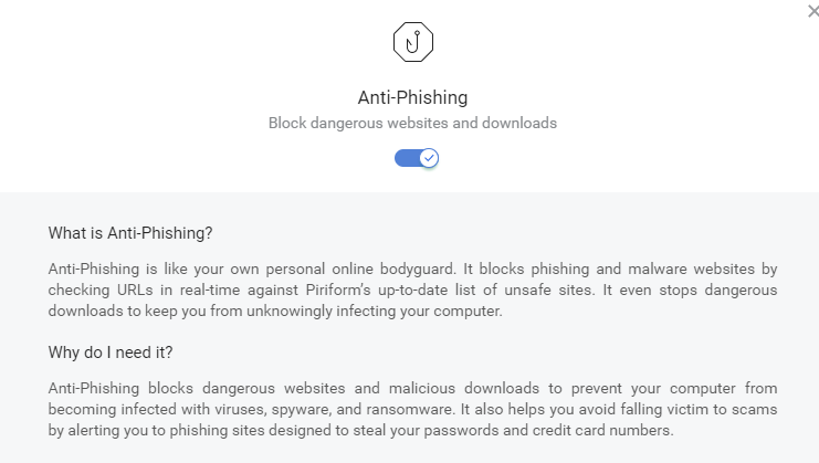 enabling or disabling anti-phishing option in CCleaner Browser