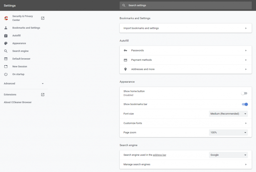 CCleaner Browser settings