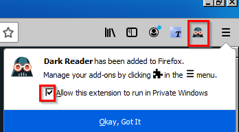 Dark Reader add-on installed in Firefox