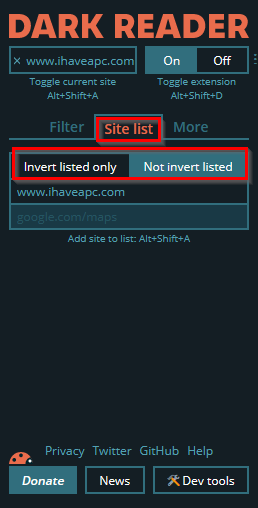 adding a list of websites to be included or exclued from dark mode in Dark Reader 