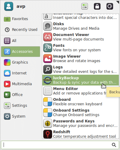 Opening luckyBackup from Accessories menu in Linux Mint Xfce