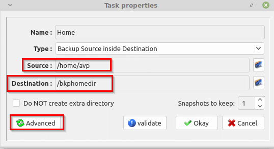 selecting source and destination backup paths in luckyBackup