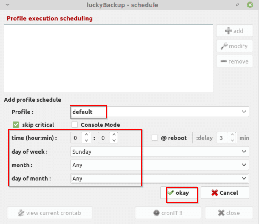 choosing schedule options for backups in luckyBackup