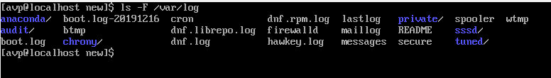 A list of files and directories displayed using the ls -F command