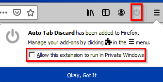 allowing access to private windows for Auto Tab Discard add-on