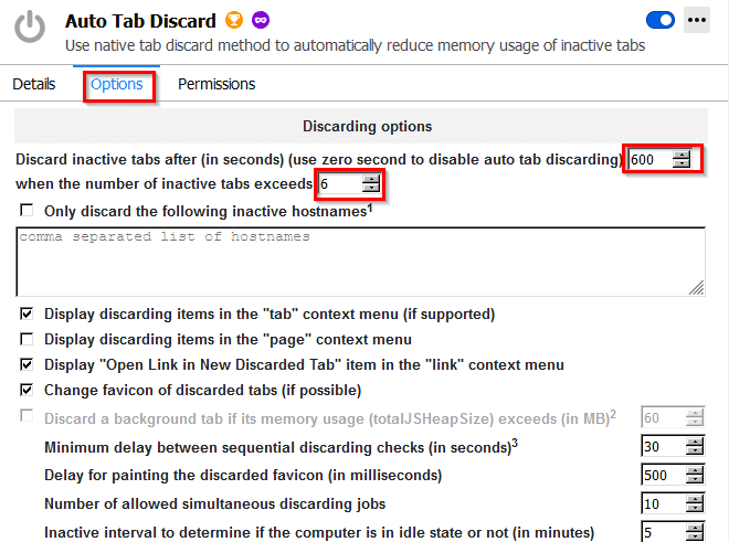 configuring time interval and number of active tabs after which they will be auto discarded