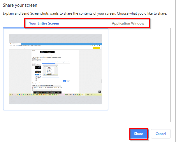 sharing a screen using Explain and Send Screenshots