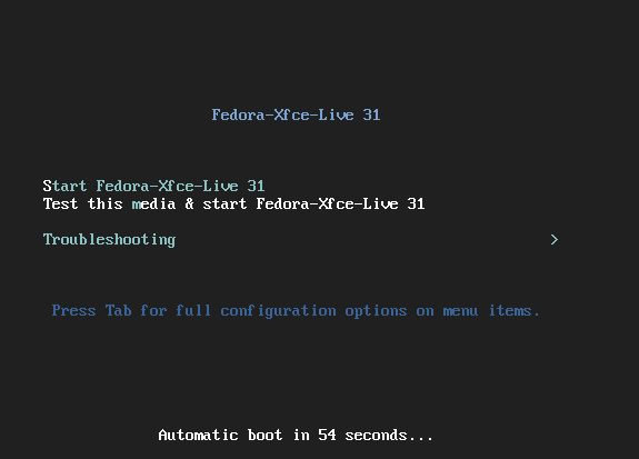 booting into Fedora Xfce live environment