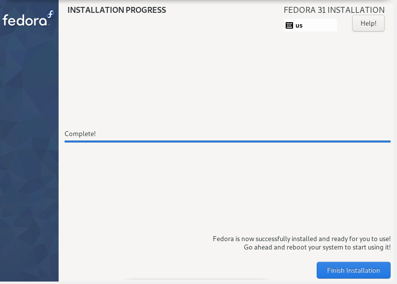 installation of Fedora Xfce completed