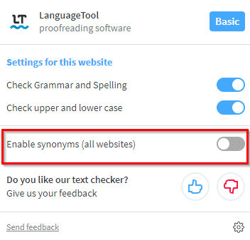 enable synonymns for all websites in Grammar and Spell Checker