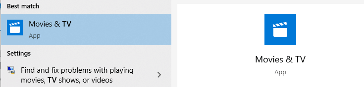 searching for Movies & TV app in Windows 10
