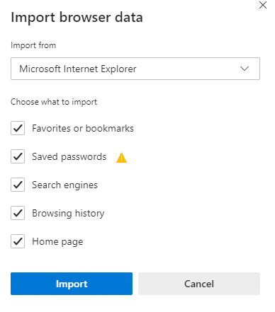 choosing what to import and from where in the new Edge browser