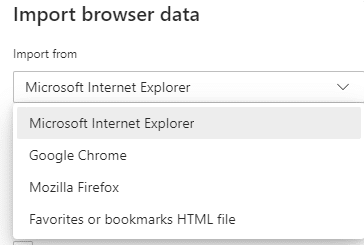 selecting the browser or bookmarks file for importing favorites to the new Edge browser