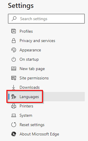 Languages settings in Edge browser