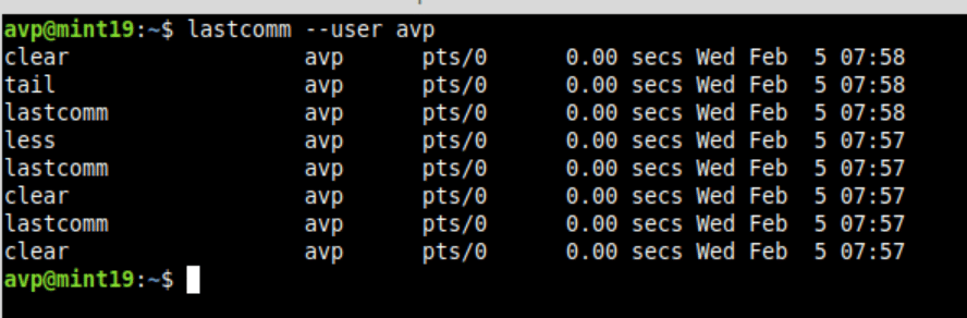 finding various commands executed by specific users in Linux Mint using lastcomm