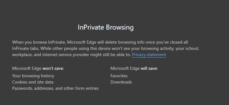 private mode information when using the new Edge browser