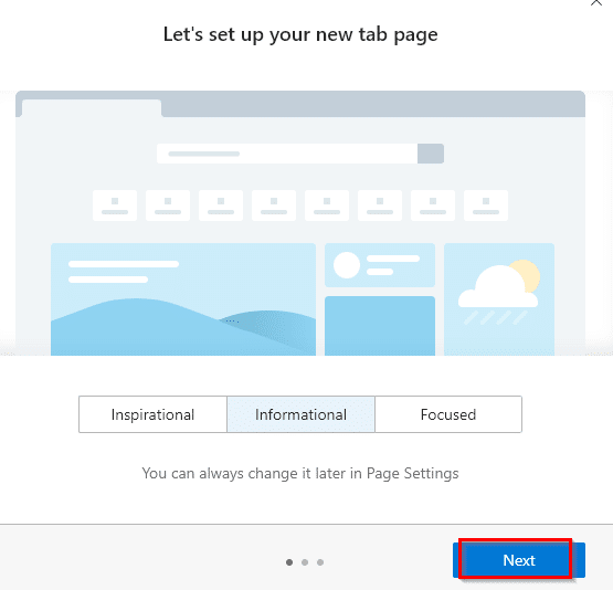 tab page setup for new Edge browser during installation