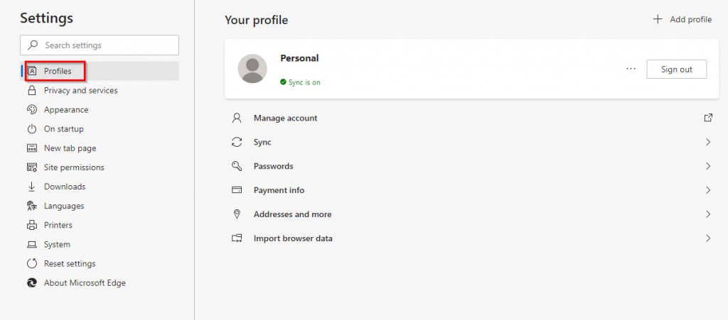 managing profile options in the new Edge browser