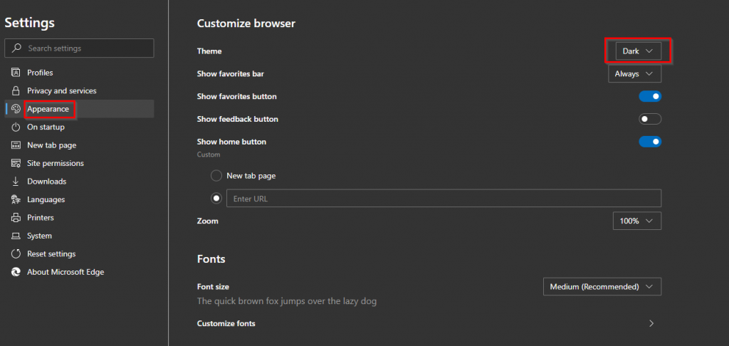 enabling dark mode for the new Edge browser