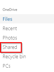 Shared items option in OneDrive