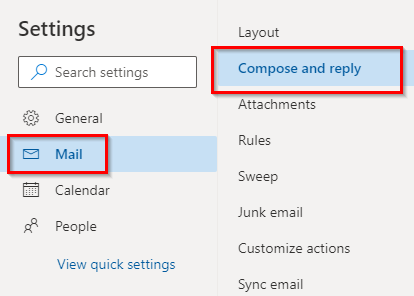 Mail related options in Outlook.com 