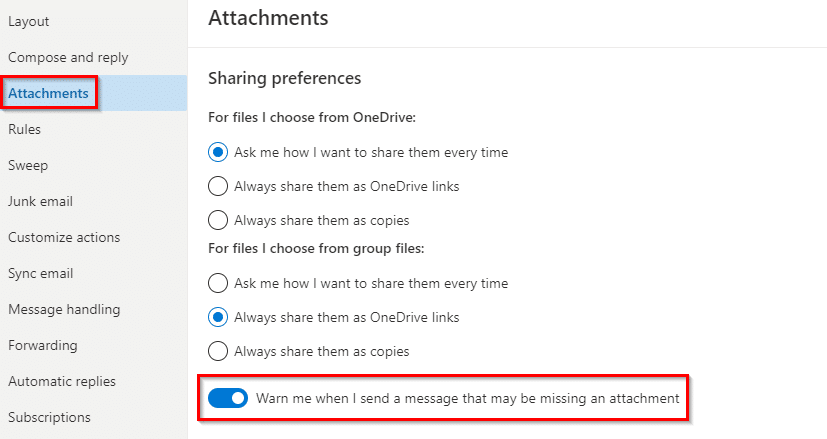 Attachments related settings in Outlook.com 