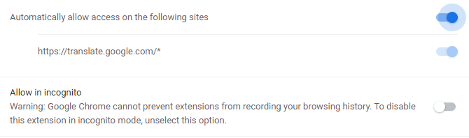 enabling Google Translate service for Read Aloud and enabling or disabling extension in incognito mode