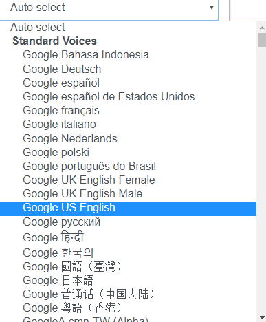 a list of voices available in Read Aloud for Chrome