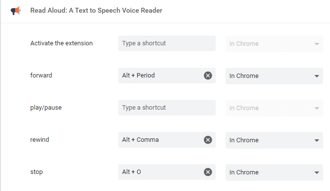 editing shortcut keys in Read Aloud for Chrome