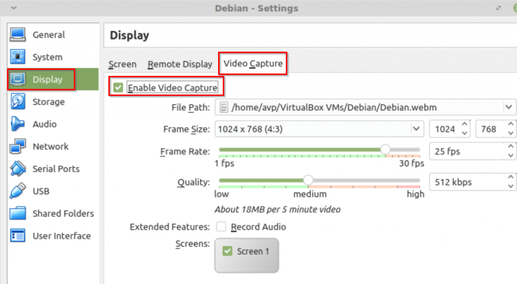 configuring VM recording options in VirtualBox for Linux Mint