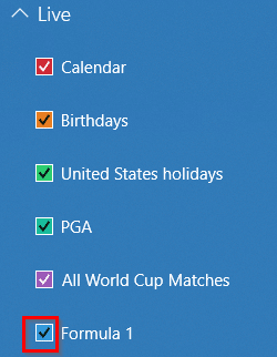 A list of enabled calendars in the Calendar app