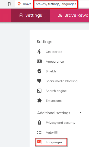 Brave browser language settings