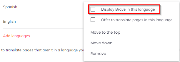 enabling Brave browser interface in the selected language