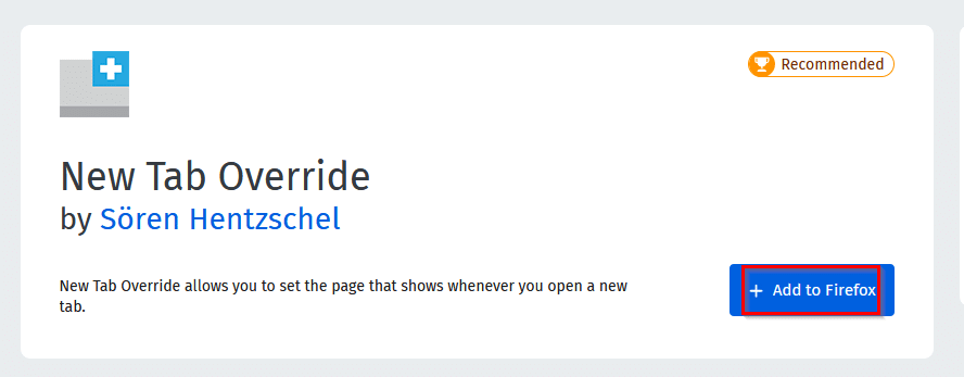 New Tab Override Firefox add-on page