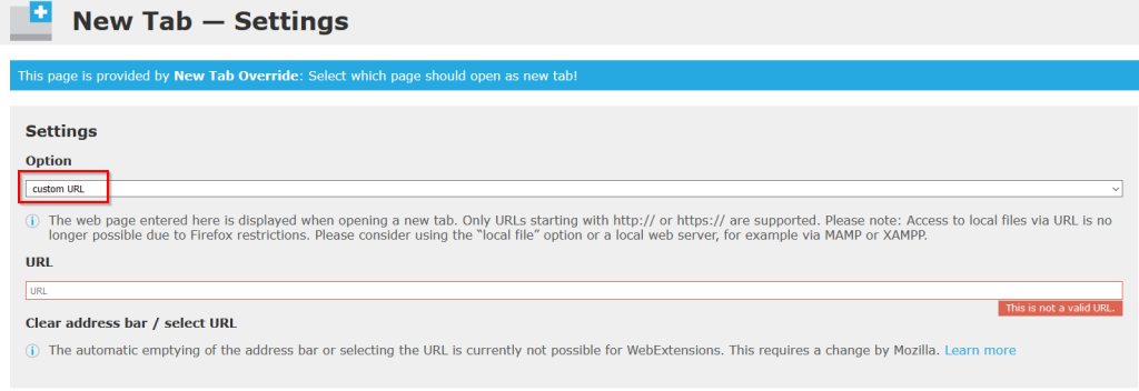 New Tab Override menu options