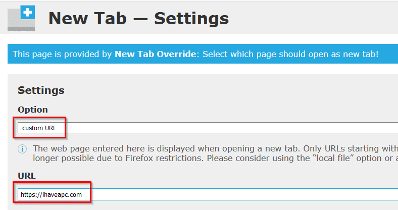 adding a custom URL to be opened as a new tab in New Tab Override