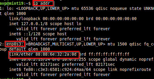 using the ip command to list the network interfaces