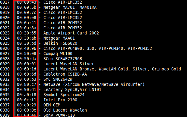 displaying the vendor OUIs for MAC addresses with macchanger